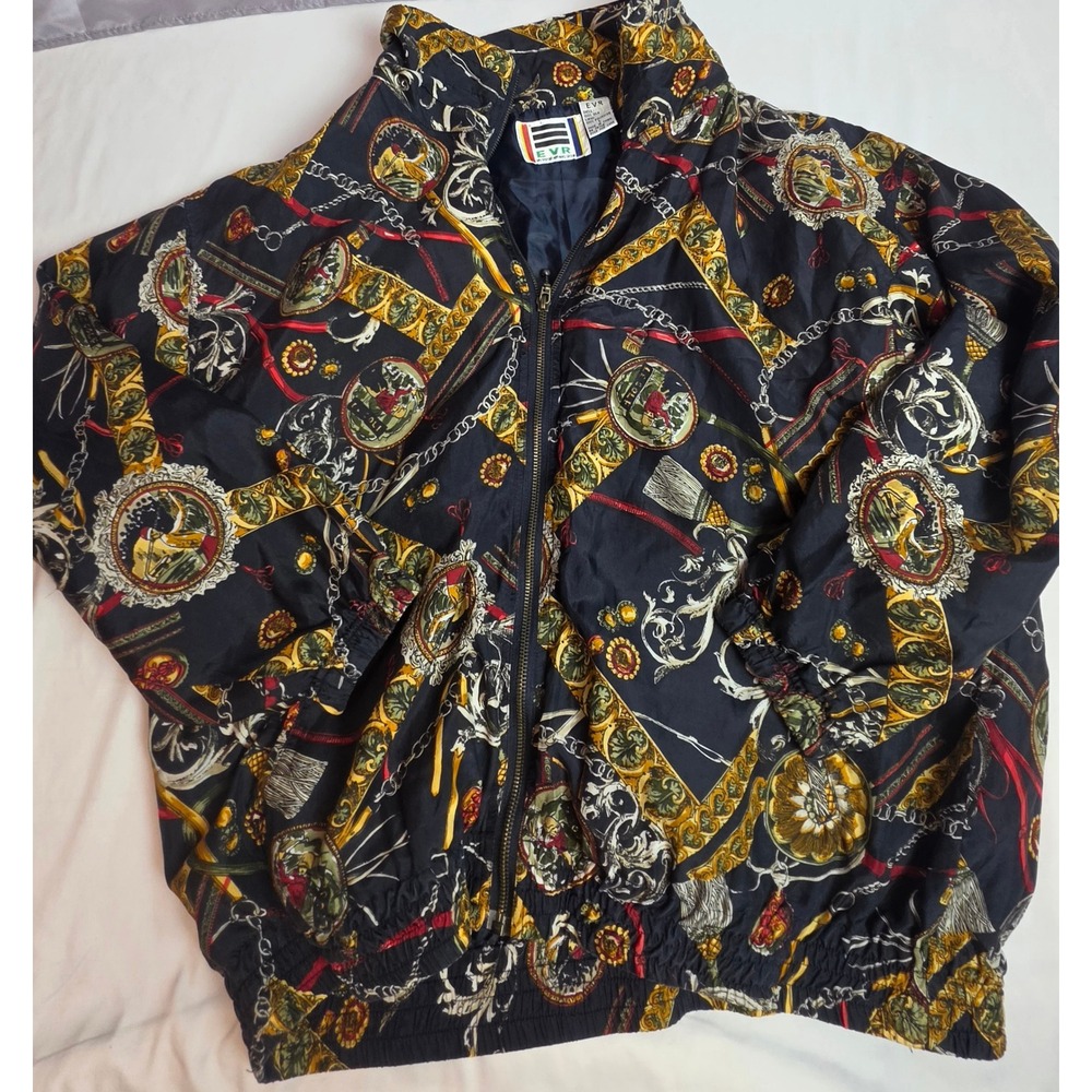 Vintage EVR Silk Bomber Jacket Baroque Chain Print 80s 90s Hip Hop Navy Gold L